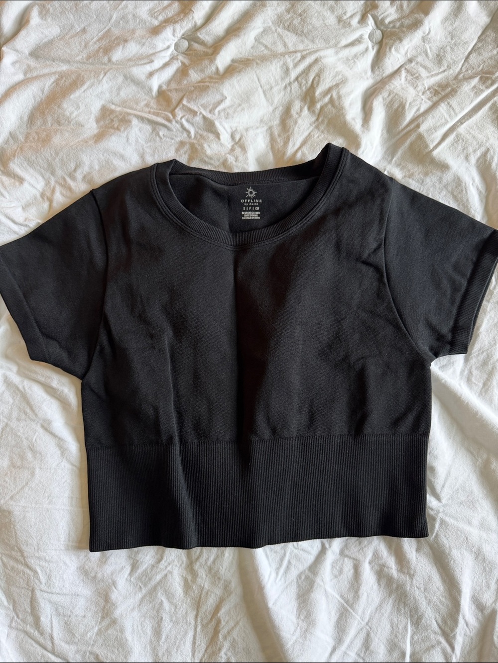 Offline Black Short Sleeve Rib-Hem Crop Top